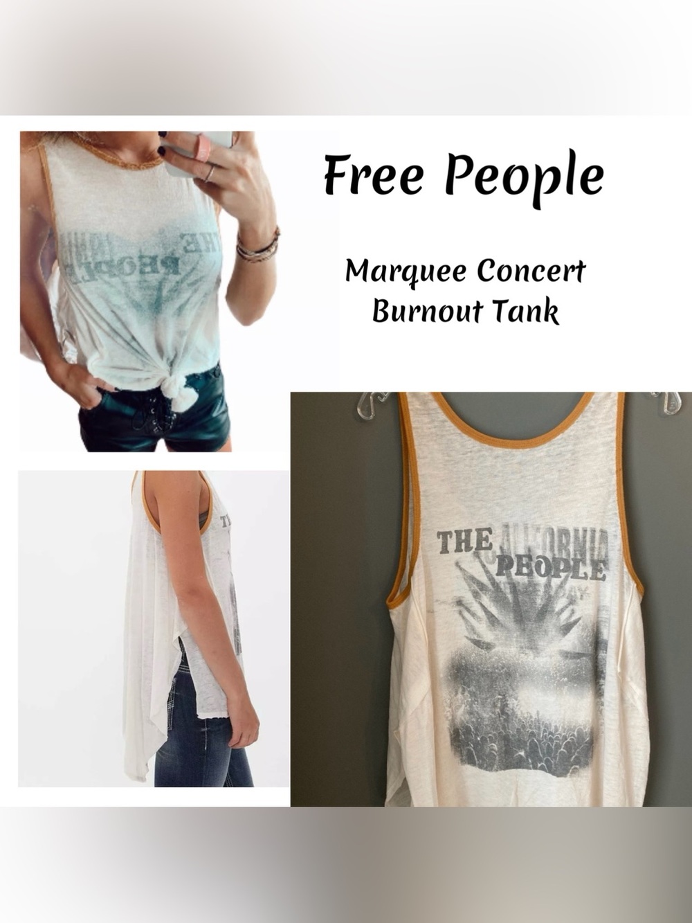 Free People Cream Mustard Burnout Graphic Tank with Mustard Trim